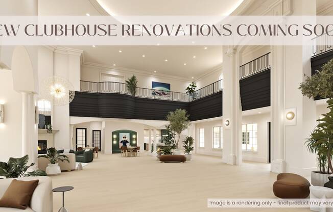 A rendering of a clubhouse interior with a caption indicating upcoming renovations.