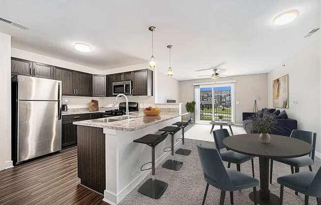 A kitchen with a refrigerator, a counter, and a dining table at Copper Creek Apartment Homes, Maize, Kansas