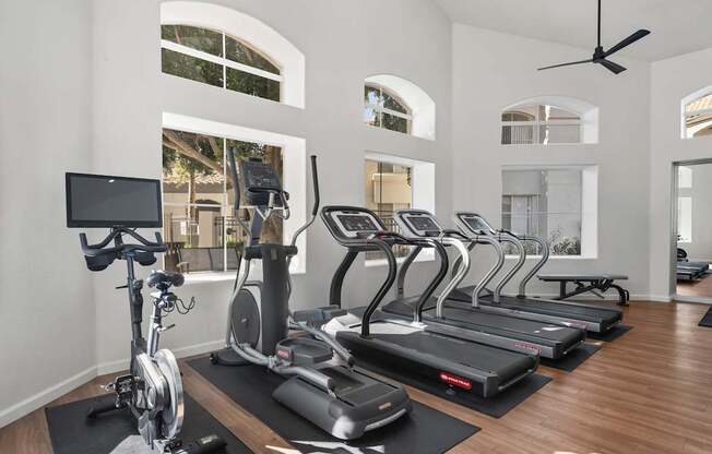 A gym with treadmills, elliptical machines, and a stationary bike.