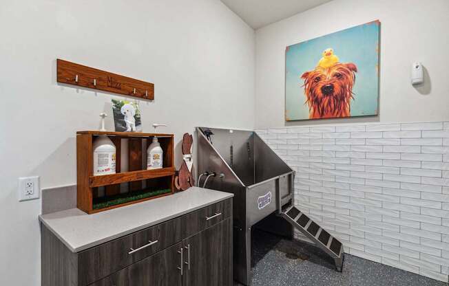 a laundry room with a washing machine and a painting of a dog on the wall
