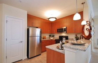 Kitchen with granite countertops; stainless steel appliances; open to living area