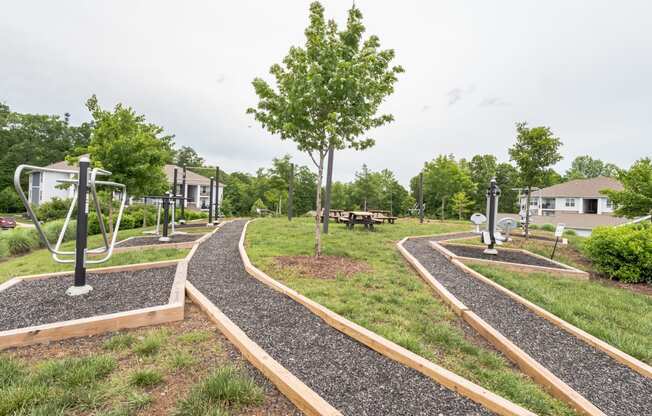 a path through a park with trees and benches