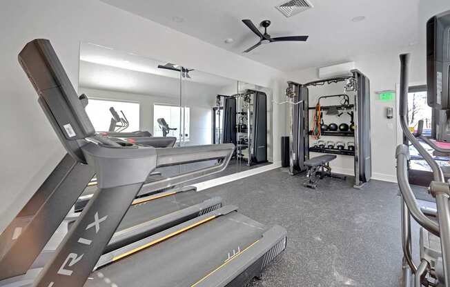 A TRIX treadmill is in the foreground of a well equipped gym.