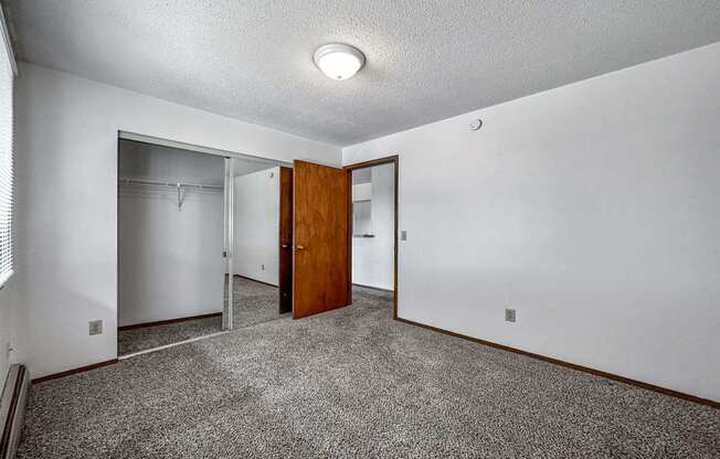 a room with carpet and a door to a closet