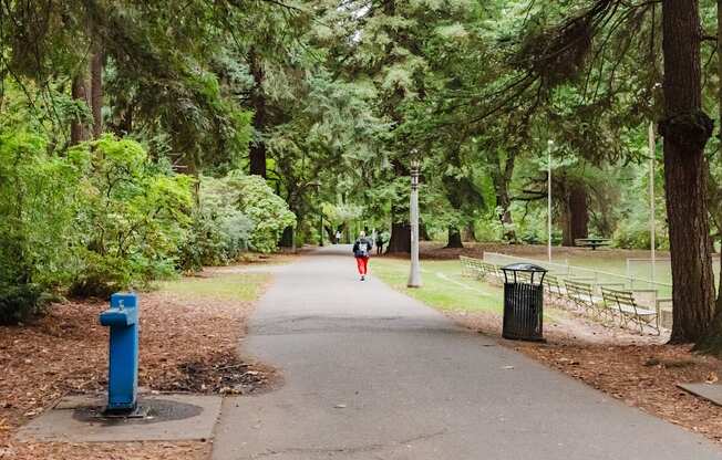 A blue fire hydrant sits on a sidewalk in a park.