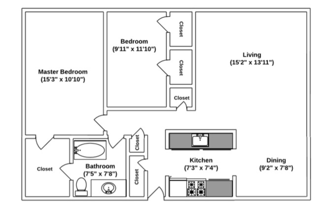 2 beds, 1 bath, 888 sqft, $815