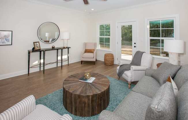 a living room with a couch and a coffee table