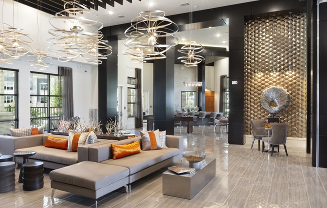 a living room with couches and chairs and a dining room at North Creek, Texas, 78634