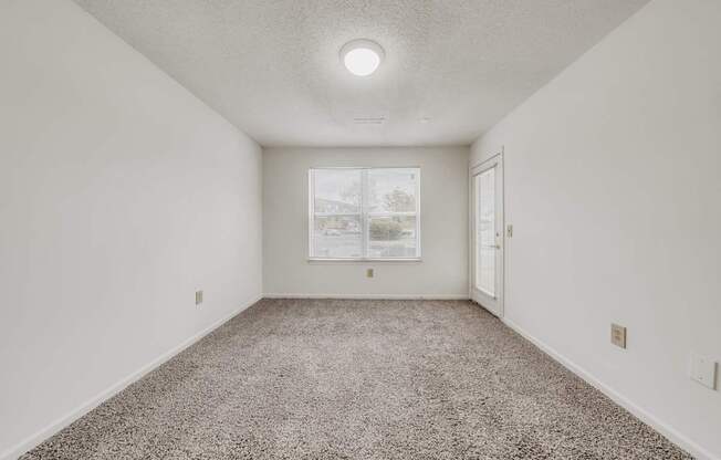 A room with a carpeted floor and a picture on the wall.