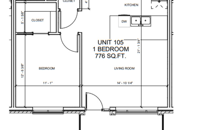 1 bed, 1 bath, 776 sqft, $1,150, Unit 105