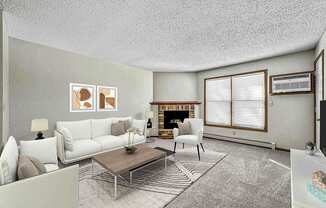 a living room with white furniture and a fireplace at Creekstone Falls, Sioux Falls, SD
