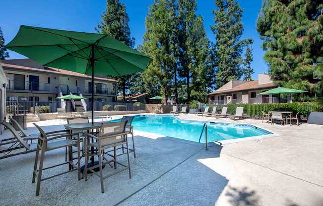 A pool surrounded by chairs and umbrellas.