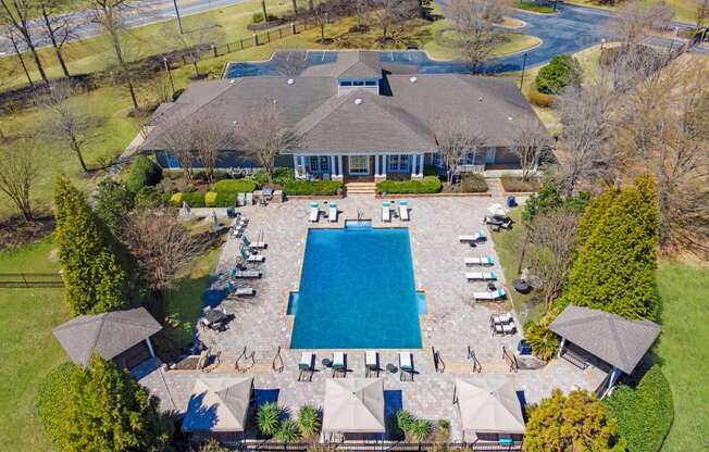 Aerial view of clubhouse and pool at Adrian on Riverside in Macon, GA