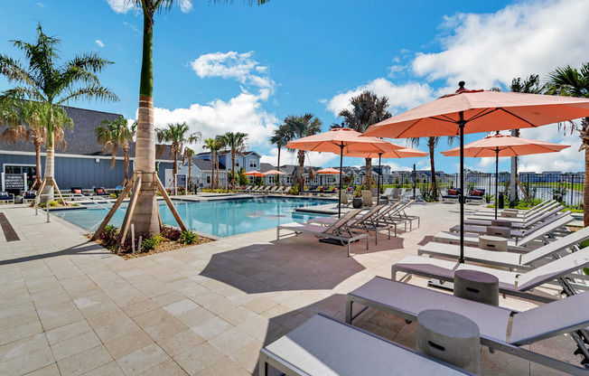 a swimming pool with chaise lounge chairs and umbrellas  at The Sophia, Venice, FL, 34275