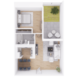 a 3d rendering of a furnished floor plan with a kitchen and living room