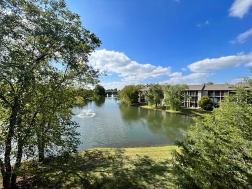 a view of a lake with a fountain in the middle