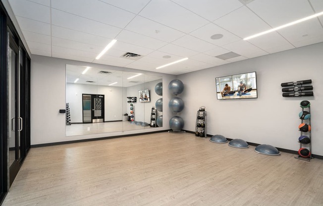 Yoga studio with mirrors, yoga balls, mats, and a TV