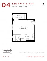 Studio, 1 bath, 413 sqft, $1,725