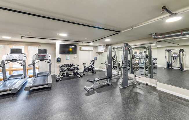 A spacious gym with a variety of equipment including treadmills, weights, and exercise machines.