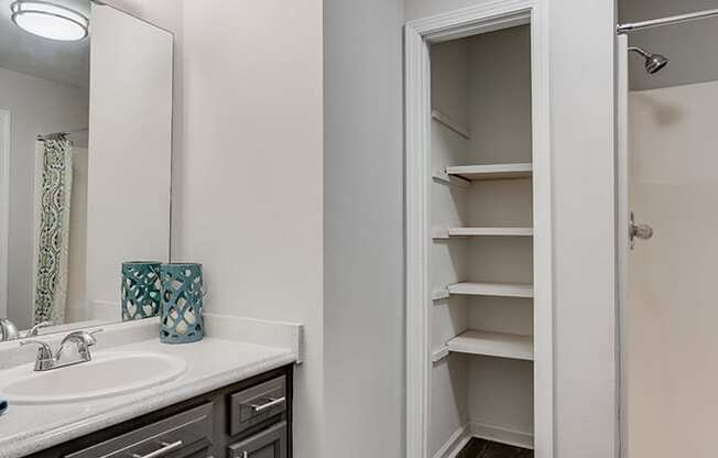 Spacious Bathroom with Built In Shelving and Large Vanity