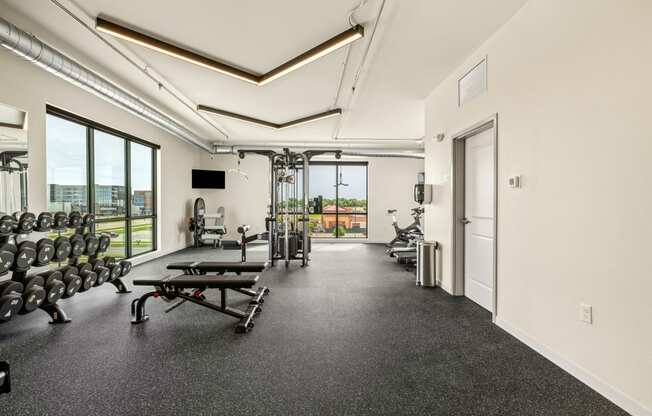 the gym at the benetts tower apartments at The Standard on 32nd, West Fargo, 58078