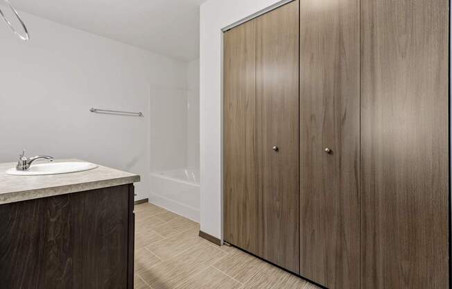 A bathroom with a sink, a shower, and a wooden cabinet.