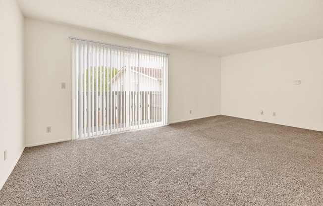 A room with a carpeted floor and a sliding glass door.