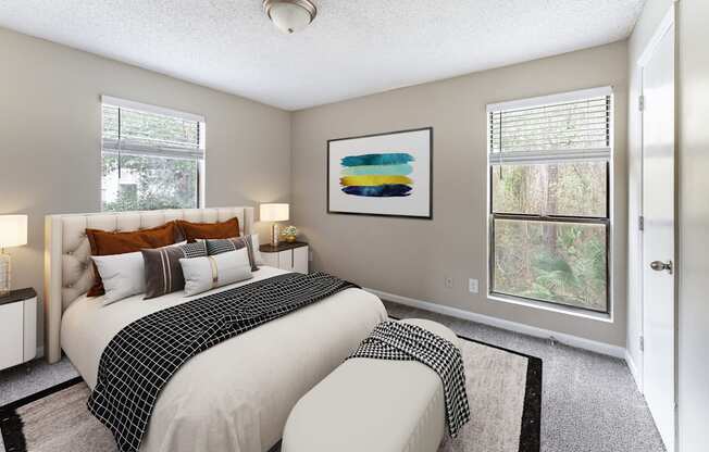 A bedroom with two beds and a painting on the wall.