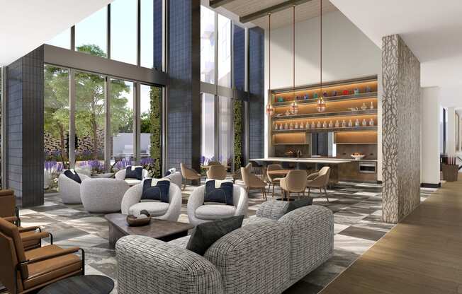 a rendering of a lobby with couches and chairs