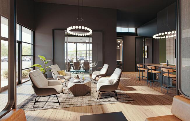 A refined coworking lounge with intimate seating, warm finishes, and space to gather or unwind.