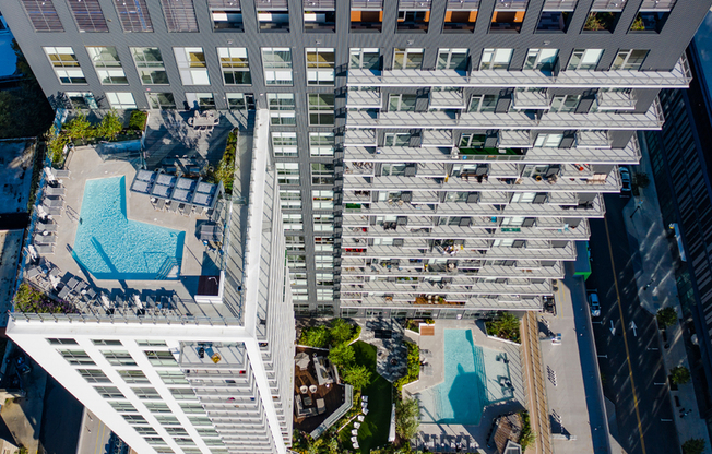 View from the sky of Modera Midtown and both rooftops pools