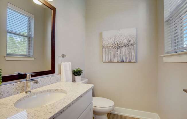a bathroom with a sink and a toilet and a mirror at Maple Place Apartments - Southfield MI