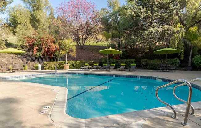 A swimming pool surrounded by trees and umbrellas.