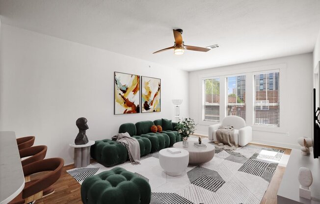 a living room with white walls and a large window