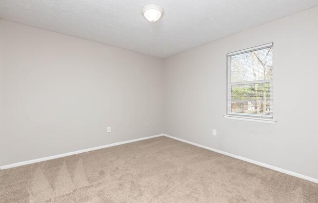 Empty room with light beige walls and carpet. The room features a single window with blinds allowing natural light and a ceiling light fixture. No furniture or decorations are present.