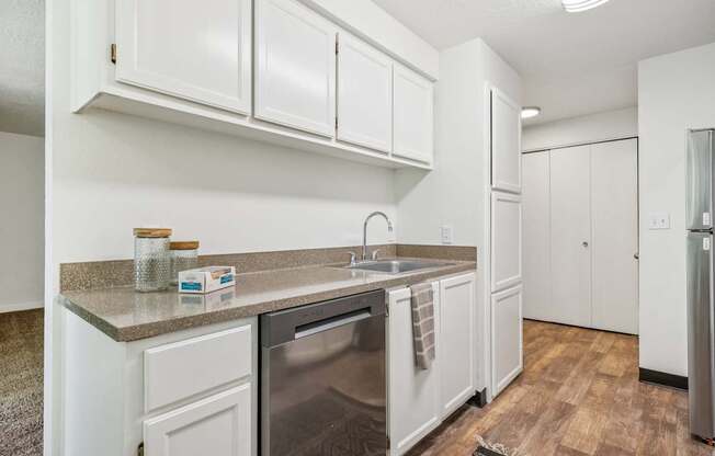 A kitchen with white cabinets and a stainless steel dishwasher.