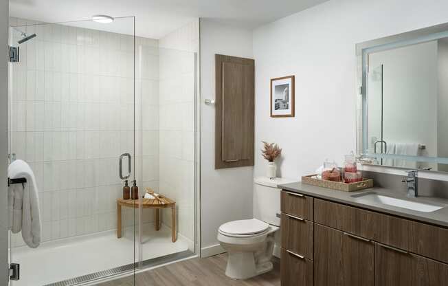 a bathroom with a shower and a sink and a toilet