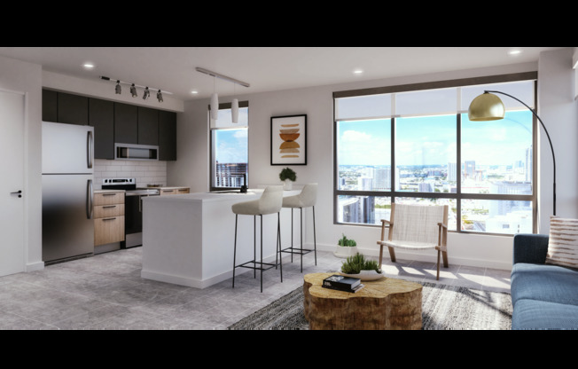 Modern Kitchen with State-of-the-art Whirlpool® Appliances Beautiful Light Fixtures & Spacious Living Room Area with a View |  Apartments for Rent in Downtown Miami | Grand Station