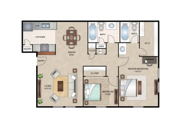2 beds, 2 baths, 926 sqft, $1,332