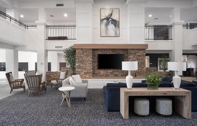 a room filled with furniture and a fireplace