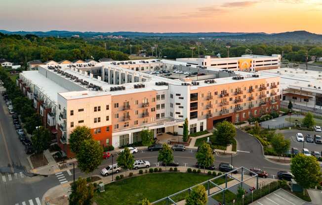 an aerial view of a building in the city