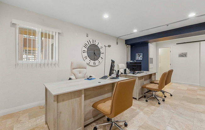 Step into this contemporary office space designed for productivity and style.