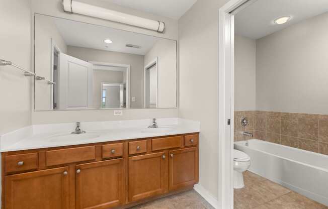 a bathroom with a large mirror and a sink and a toilet