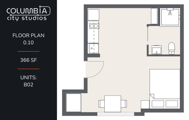 Studio, 1 bath, 366 sqft, $1,085, Unit B02