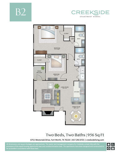 2 beds, 2 baths, 956 sqft, $1,359