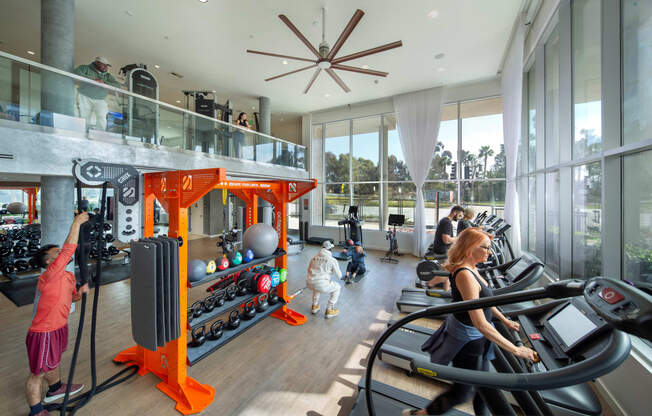 a group of people exercising in a gym