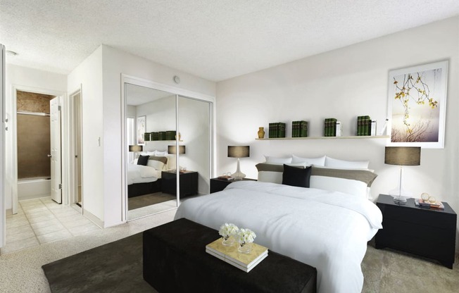 Bedroom with Furniture of Nutwood East with view of the bathroom