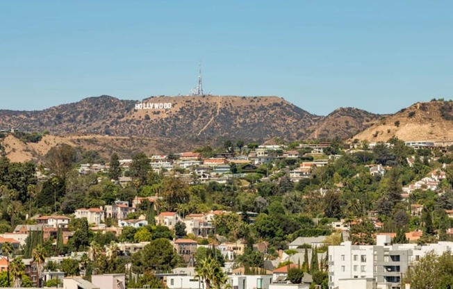 A cityscape with a mountain in the background and a sign that says "Hollywood".