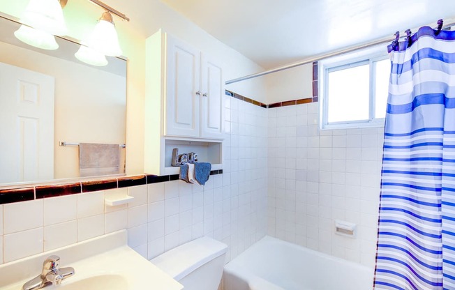 bathroom with tub, toilet, mirror, vanity and small windows at garden village apartments in congress heights washington dc