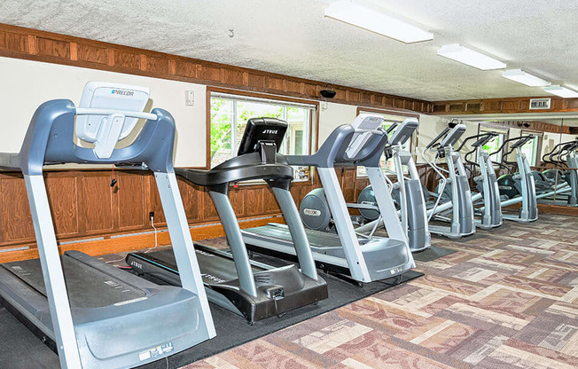 a row of treadmills and elliptical trainers in a fitness room